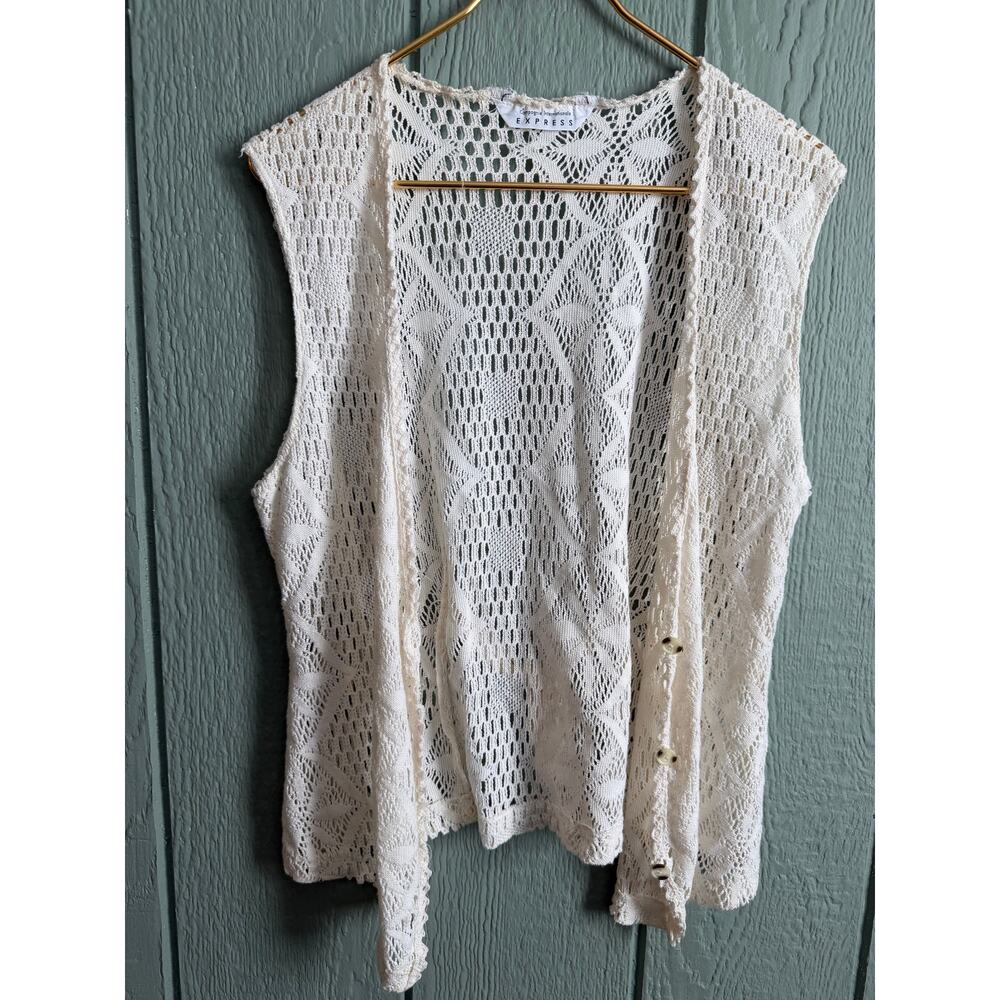 Vintage Express Crochet Knit Vest Cream Open Front Boho 90s USA